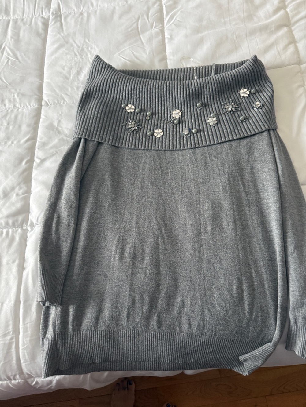 Frank Lyman Design Gray Off-the-Shoulder Sweater with Embellished Foldover Neck